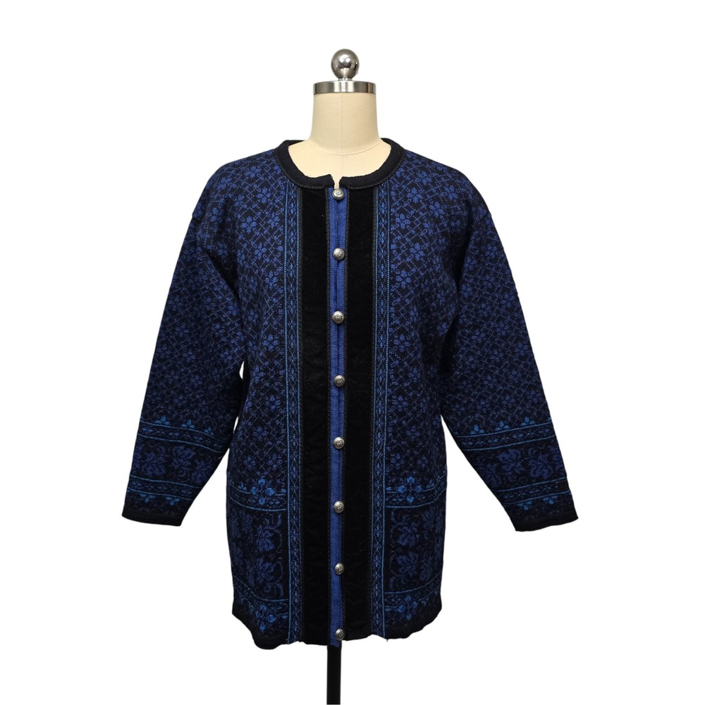 Dale of‎ Norway Wool Sweater Jacket Blue Black Floral Nordic Fair Isle Women's